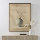 Minimalist painting of a round ceramic vase with a bare, twisting branch against a soft, neutral-toned background.