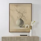 Minimalist painting of a round ceramic vase with a bare, twisting branch against a soft, neutral-toned background.