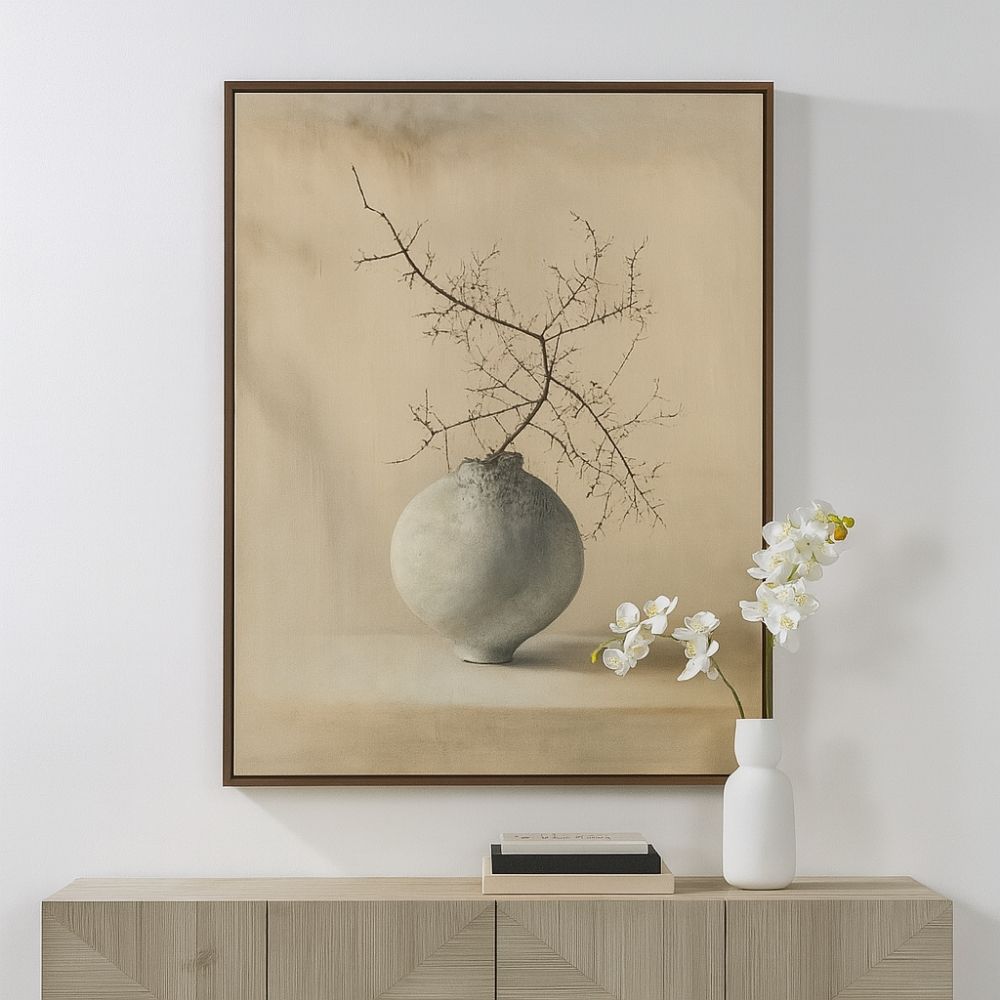 Minimalist painting of a round ceramic vase with a bare, twisting branch against a soft, neutral-toned background.