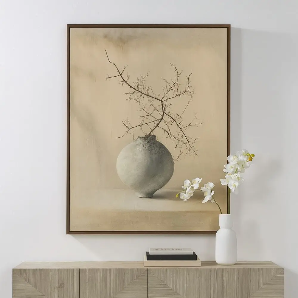 Minimalist painting of a round ceramic vase with a bare, twisting branch against a soft, neutral-toned background.