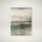 Abstract wall art featuring a misty, ethereal landscape in soft shades of beige, grey, and green with warm golden undertones.