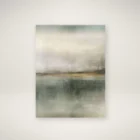 Abstract wall art featuring a misty, ethereal landscape in soft shades of beige, grey, and green with warm golden undertones.