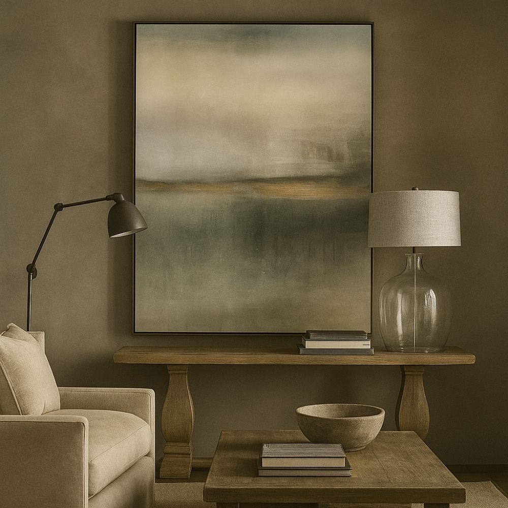 Abstract wall art featuring a misty, ethereal landscape in soft shades of beige, grey, and green with warm golden undertones.