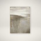 Abstract neutral-toned landscape painting with soft brushstrokes blending horizon, sky, and reflective water elements in beige, taupe, and grey tone