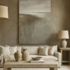Abstract neutral-toned landscape painting with soft brushstrokes blending horizon, sky, and reflective water elements in beige, taupe, and grey tone