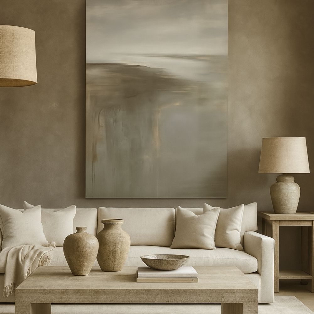 Abstract neutral-toned landscape painting with soft brushstrokes blending horizon, sky, and reflective water elements in beige, taupe, and grey tone