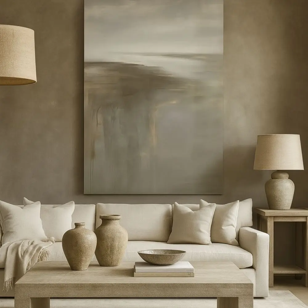 Abstract neutral-toned landscape painting with soft brushstrokes blending horizon, sky, and reflective water elements in beige, taupe, and grey tone