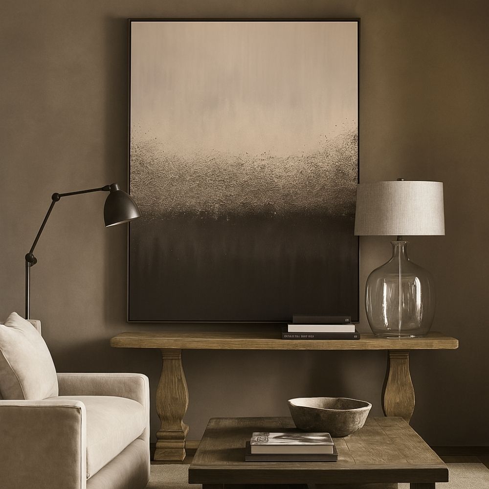 A contemporary abstract art piece featuring a soft ombré gradient that transitions from light beige to deep charcoal, with textured, mist-like details across the center.