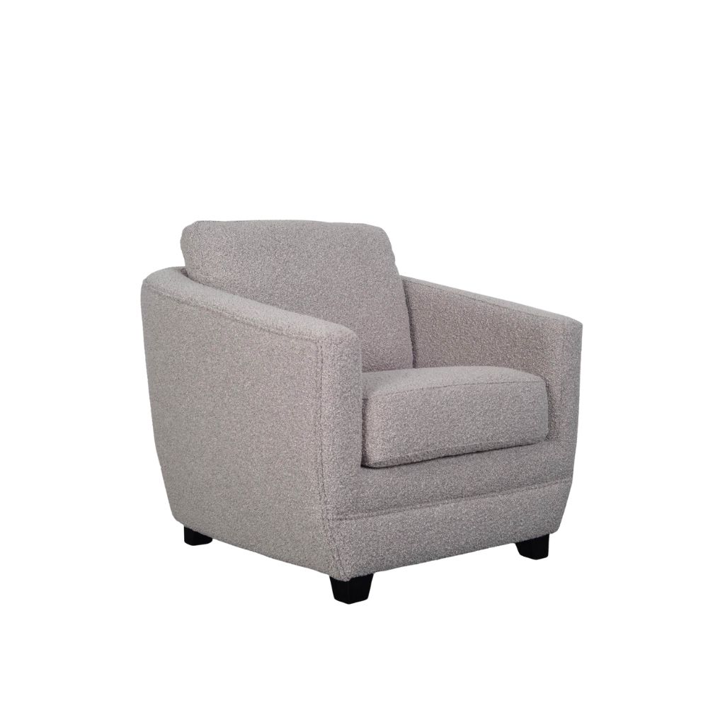 Modern club chair with plush cushions, curved arms, and dark wooden legs.