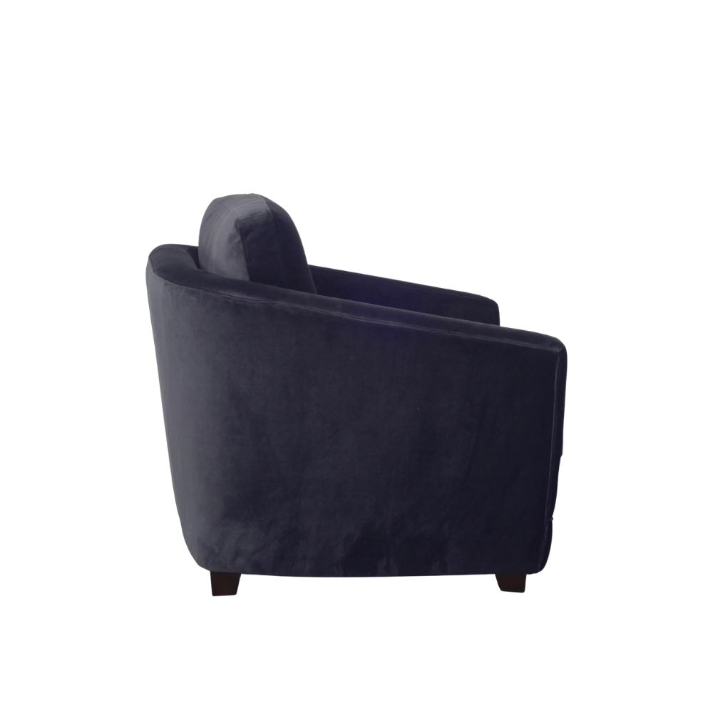 Modern club chair with plush cushions, curved arms, and dark wooden legs.