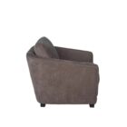 Modern club chair with plush cushions, curved arms, and dark wooden legs.