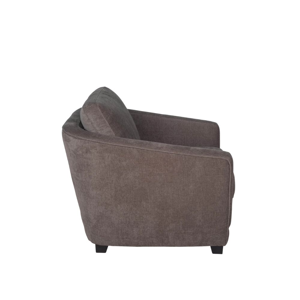 Modern club chair with plush cushions, curved arms, and dark wooden legs.