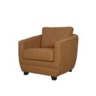 Modern club chair with plush cushions, curved arms, and dark wooden legs.