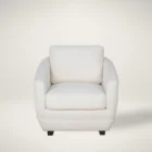 Modern white club chair with plush cushions, curved arms, and dark wooden legs.