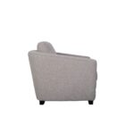 Modern club chair with plush cushions, curved arms, and dark wooden legs.