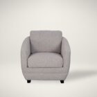 Modern club chair with plush cushions, curved arms, and dark wooden legs.
