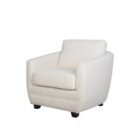 Modern white club chair with plush cushions, curved arms, and dark wooden legs.