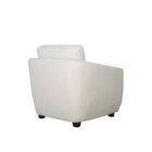 Modern white club chair with plush cushions, curved arms, and dark wooden legs.