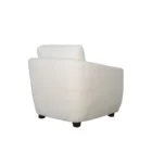 Modern white club chair with plush cushions, curved arms, and dark wooden legs.