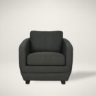 Modern club chair with plush cushions, curved arms, and dark wooden legs.
