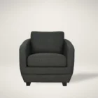 Modern club chair with plush cushions, curved arms, and dark wooden legs.