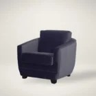 Modern club chair with plush cushions, curved arms, and dark wooden legs.