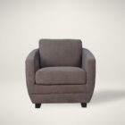 Modern club chair with plush cushions, curved arms, and dark wooden legs.