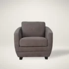 Modern club chair with plush cushions, curved arms, and dark wooden legs.