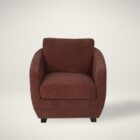 Modern club chair with plush cushions, curved arms, and dark wooden legs.
