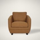 Modern club chair with plush cushions, curved arms, and dark wooden legs.
