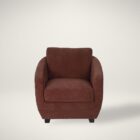 Modern club chair with plush cushions, curved arms, and dark wooden legs.