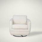 Modern white swivel glider armchair with plush cushions and textured upholstery