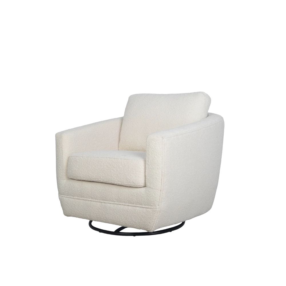 Modern white swivel glider armchair with plush cushions and textured upholstery