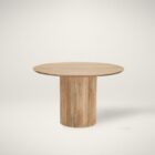 Round natural wood dining table with a fluted cylindrical pedestal base and smooth tabletop.