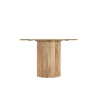 Round natural wood dining table with a fluted cylindrical pedestal base and smooth tabletop.