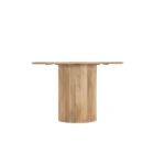 Round natural wood dining table with a fluted cylindrical pedestal base and smooth tabletop.