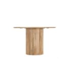 Round natural wood dining table with a fluted cylindrical pedestal base and smooth tabletop.