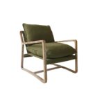 Mid-century inspired club chair with weathered wood frame and deep green cushions