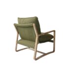 Mid-century inspired club chair with weathered wood frame and deep green cushions