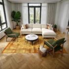 Mid-century inspired club chair with weathered wood frame and deep green cushions