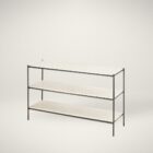 Slim three-tier console table with a light stone top and minimalist black metal frame.