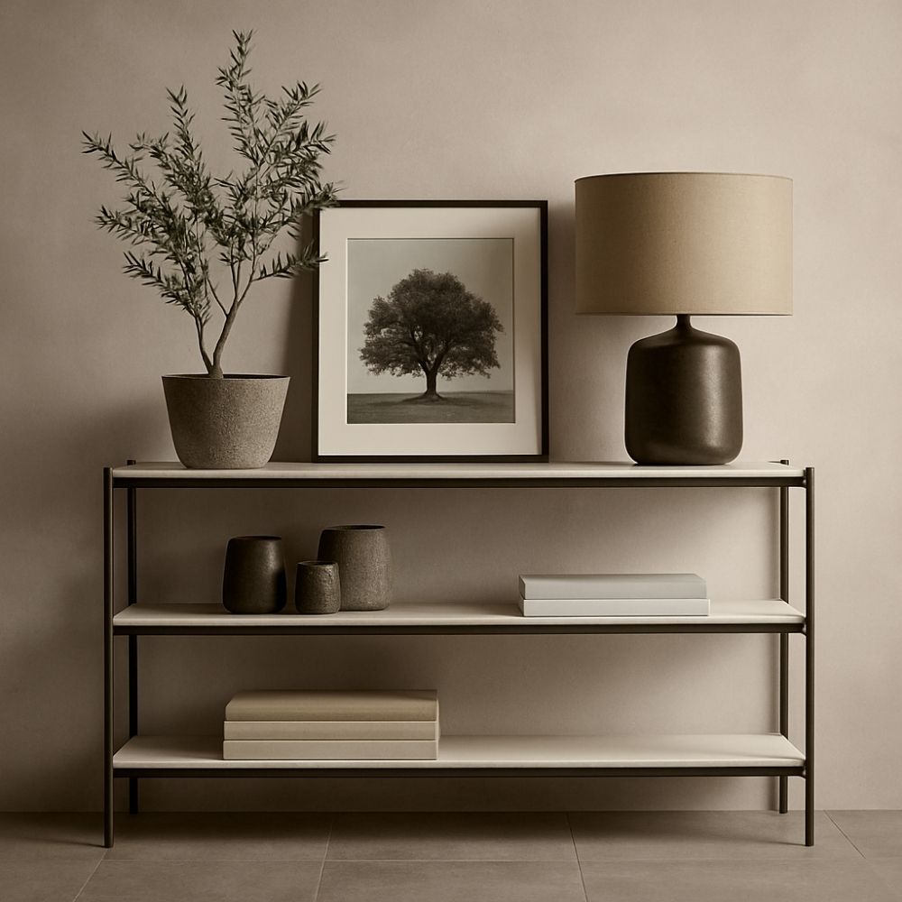 Slim three-tier console table with a light stone top and minimalist black metal frame.