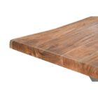 Rectangular live-edge wood dining table with a natural finish and matte black metal cross-frame legs.
