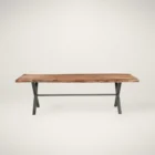 Rectangular live-edge wood dining table with a natural finish and matte black metal cross-frame legs.