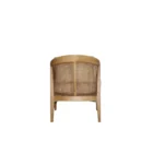 Contemporary accent chair with light boucle cushions and natural wood frame featuring open cane sides.