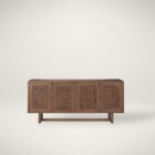 Medium brown wooden sideboard with four panel doors featuring woven cane fronts and a sleek base frame.
