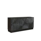 Black wooden sideboard with dramatic concentric carved patterns across its double-door front.