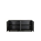 Black wooden sideboard with dramatic concentric carved patterns across its double-door front.