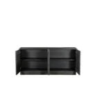 Black wooden sideboard with dramatic concentric carved patterns across its double-door front.