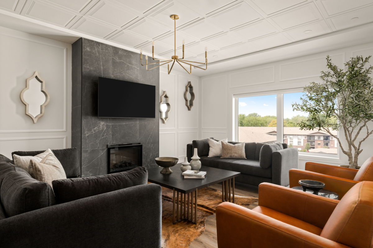 Bold contemporary living room with deep charcoal furniture and a faux olive tree in the corner for natural contrast. A sleek and masculine design accented with a faux olive tree, enhancing the contrast between modern elegance and organic warmth.